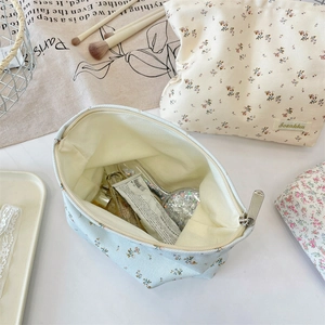 Detailed top view of floral canvas makeup bags with zip closure and fabric lining