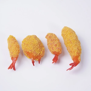 Set of 4 realistic fried tempura shrimp pendants with golden breadcrumb texture and red tails