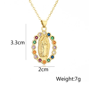 Detailed view of Virgin Mary pendant with colorful zircons, size 3.3cm by 2cm and 7g weight