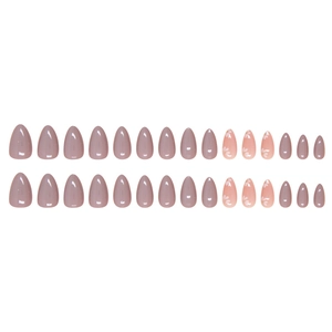 Almond-shaped press-on nails set with solid mauve and white floral patterns