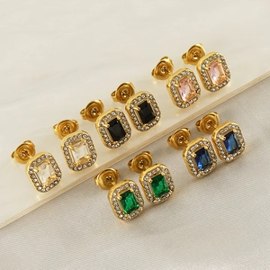 Rectangular Zircon Stud Earrings 18K Gold Plated Stainless Steel Geometric Rhinestone For Women Trendy INS Style