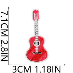 Detailed close-up of red guitar embroidered patch showing dimensions 7.1cm x 3cm