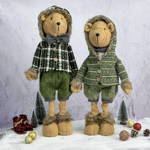 Christmas Teddy Bear Plush Doll With Retractable Legs Green Plaid Knitted Outfit Festive Home Window Desktop Decoration