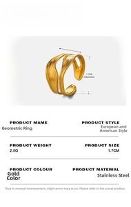 Detailed view showing adjustable 1.3cm wide 18K gold plated stainless steel wavy ring