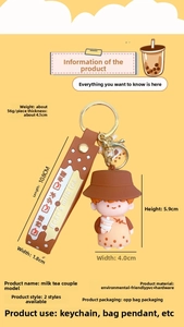 Detailed view of bubble tea doll keychain with exact dimensions and 56g product weight