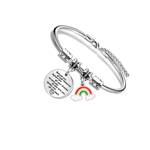 Adjustable silver snake chain bracelet with motivational round pendant and rainbow charm