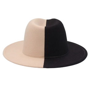 Detail view of two-tone wool felt fedora hat in symmetric black and beige design
