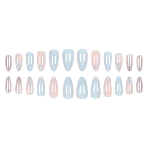 Elegant almond-shaped light blue and pink press-on nails with silver glitter and marble lines