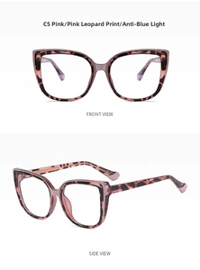 Vista detallada de gafas de ojo de gato rosa carey con lentes de filtro de luz azul