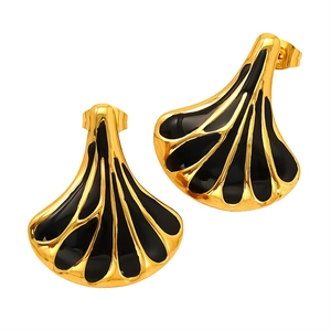 Vintage gold-plated fan-shaped titanium earrings with black enamel for women