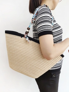 Woven Tote Bag Cotton Rope Straw Style Satin Scarf Wrapped Handle Wood Beads Vacation Beach Bohemian Handbag Women