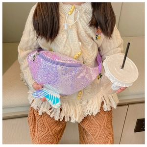 Detail of sequined mermaid tail waist bag for kids in purple with adjustable strap