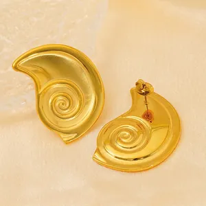 18K gold-plated stainless steel screw-shell stud earrings with elegant brushed metal finish