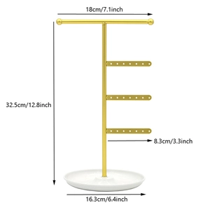 3-tier gold metal jewelry organizer with white tray base and product dimensions