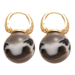Vintage gold earrings with black and white marbled sphere pendants and zircon accents
