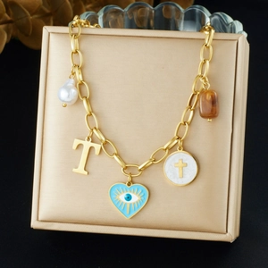 Collier En Acier Inoxydable Avec Cœur Mauvais Œil Lettre T Croix Künstliche Perle Pendentifs Bijoux Mode Femmes