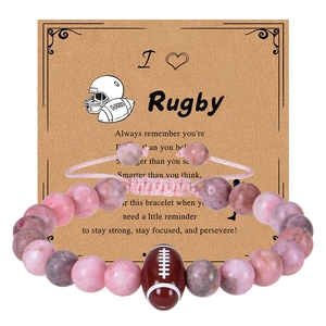 Bracciale in pietra zebra rosa con perla da rugby marrone e carta regalo motivazionale