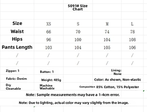 Guide des tailles et détails du tissu pour ensemble femme en jean avec pantalon droit