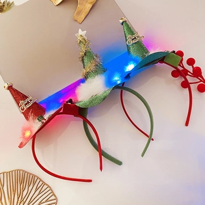 Detail of LED Christmas headbands with glowing trees and Merry Christmas text
