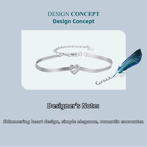 Detail of s925 silver heart bracelet featuring a sparkling zircon stone and snake chain