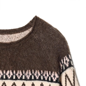 Retro style dark brown knit sweater with geometric jacquard pattern and fuzzy texture