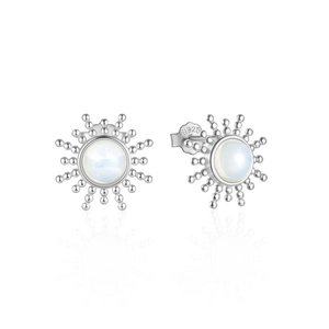 Detail of S925 sterling silver sunburst opal stud earrings with polished finish