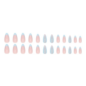 24pcs light blue and pink almond press-on nails with French tips and silver glitter
