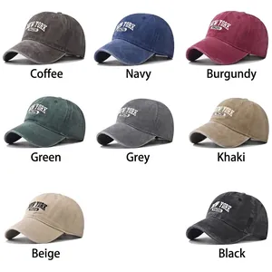 Vintage washed cotton baseball caps with New York embroidery in eight assorted colors