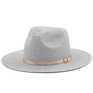Grey fedora straw hat with light brown leather band and metal buckle for sun protection