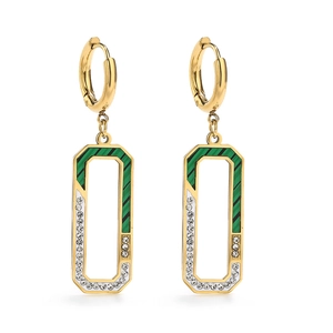 Gold rectangular hoop earrings with green striped enamel and sparkling cubic zirconia