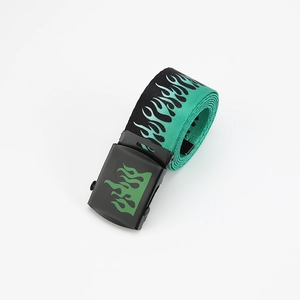 Detail of green flame pattern on black canvas belt with matte black metal buckle