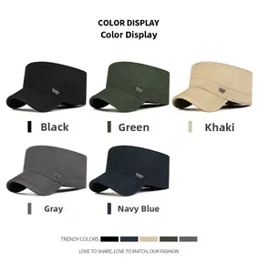 Detail view of military flat top caps in black, green, khaki, grey and navy with metal tags