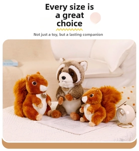 Detailed view of plush squirrel and raccoon dolls with soft realistic faux fur texture