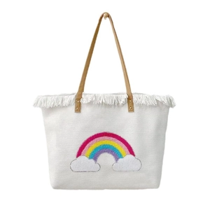 White canvas tote bag with colorful rainbow embroidery and stylish tassel trim