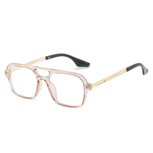 Modern square pilot sunglasses with champagne pink frame and gold metal temples