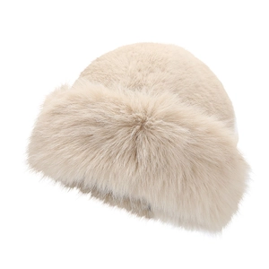 Faux fur winter bucket hat in light beige, plush thermal warm hat for outdoor skiing