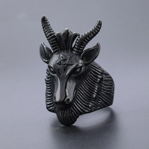 Vintage stainless steel Baphomet goat head ring with pentagram detail in matte black