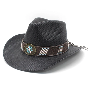 Western black woven cowboy hat with ethnic beaded band and metal floral emblem