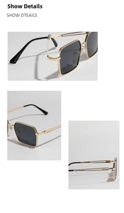Detail of square gold metal sunglasses frame featuring non-slip textured edges