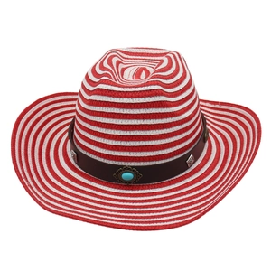 Detail of red and white striped straw cowboy hat with leather band and turquoise stone