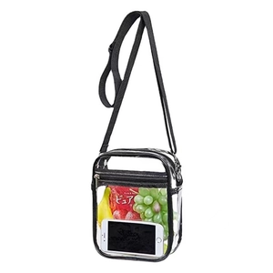 Detailed view of a transparent PVC shoulder bag with black strap and visible items