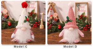 Detail view of Model C and D glowing Christmas gnomes with knit hats and plush white beards