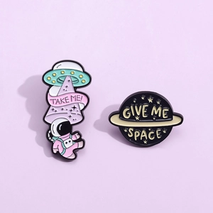 Space enamel pins set featuring cute astronaut UFO and planet designs for backpack decor
