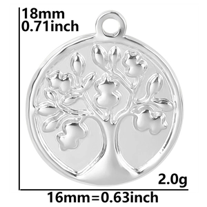 Detail showing 18mm tree of life pendant dimensions and weight on a silver metal charm