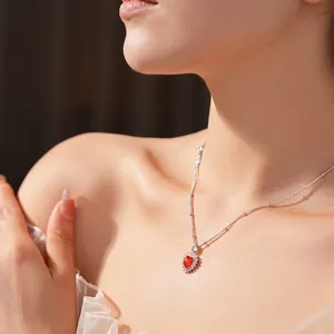 Vintage red heart pendant necklace with zircon border on silver chain for women