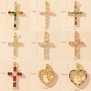 Gold-plated cross and heart pendants with colorful zircon stones and size measurements