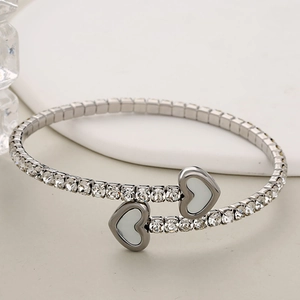 Silver stainless steel open bracelet with crystal zircons and white heart pendants
