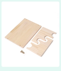 Detailed parts of a 3-tier wooden watch display including wavy support and gold screws
