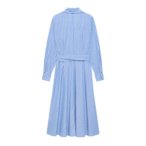 Rückansicht von blau-weiß gestreiftem Langarm-Hemdkleid mit Taillengürtel