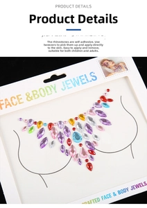 Detail view of colorful rhinestone body jewels and face gems on packaging card